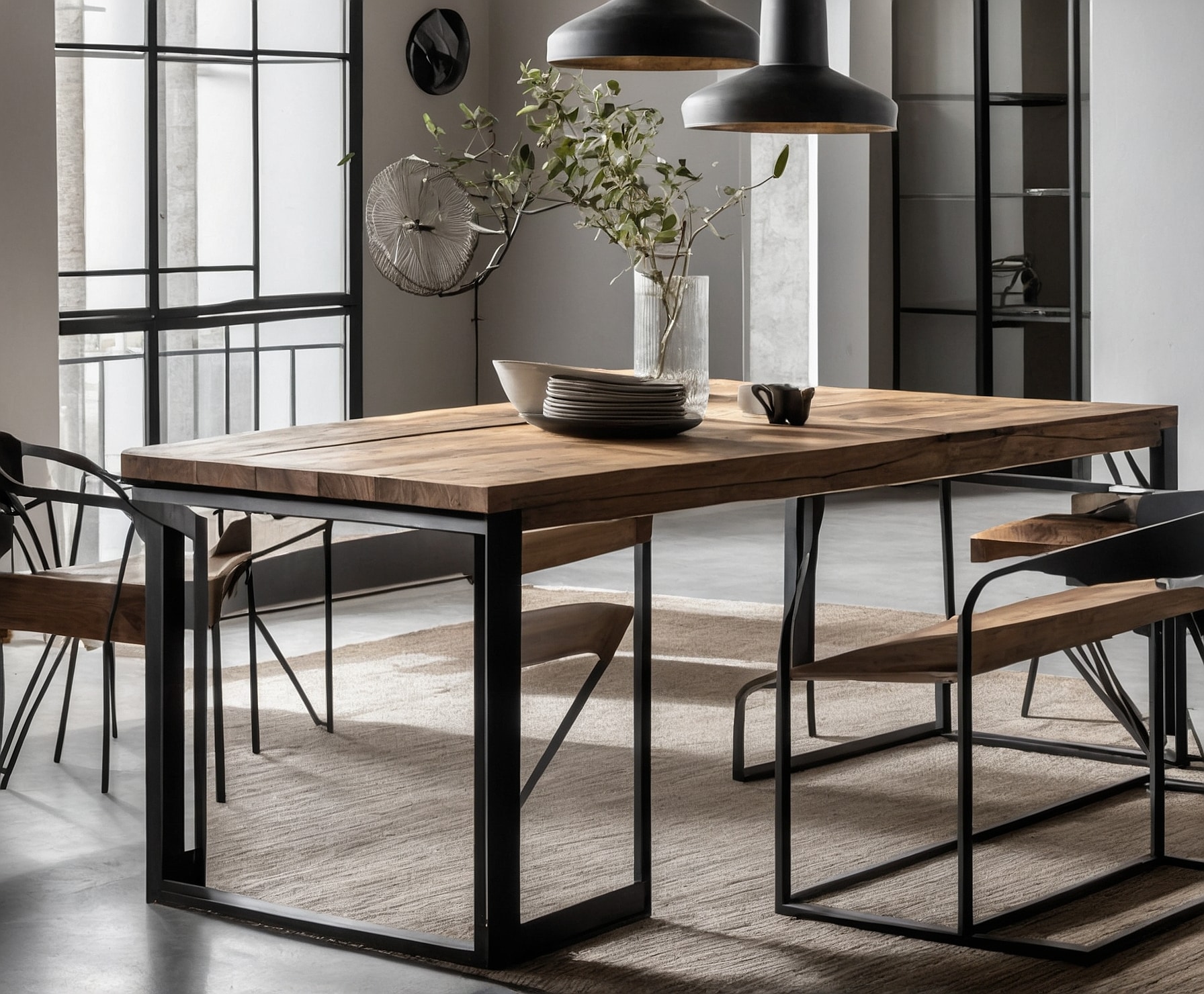 Mesa de comedor estilo industrial de hierro y madera.