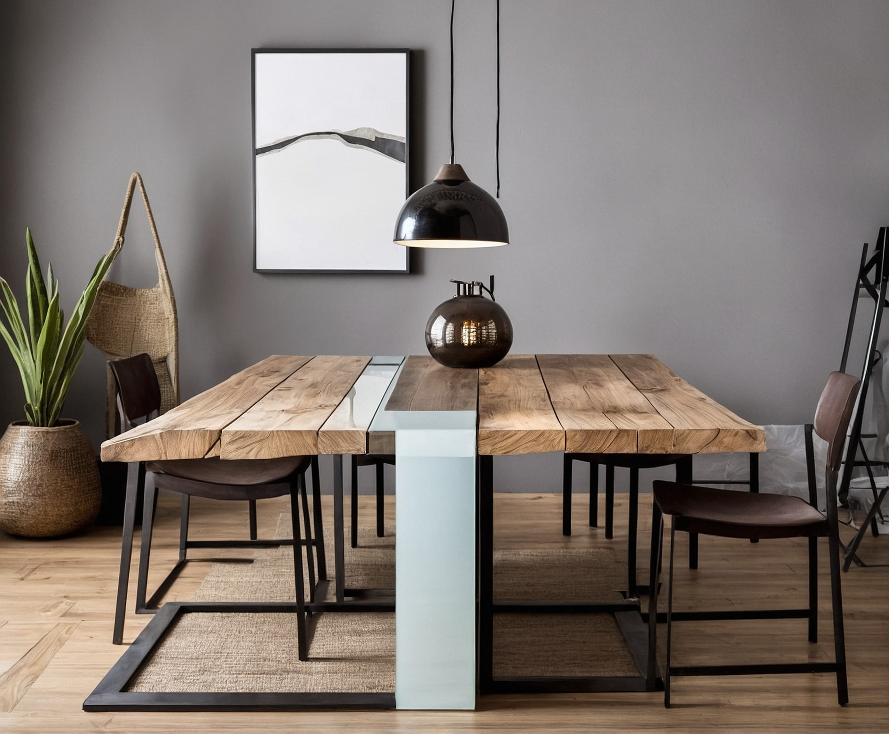 Mesa de comedor estilo industrial de hierro y madera.